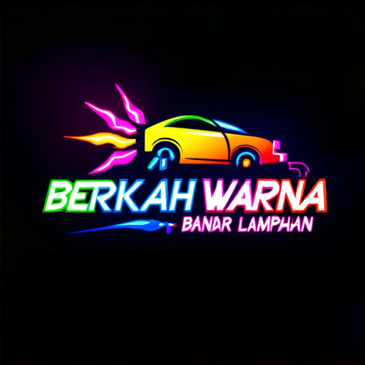 AI Design for "A vibrant and modern logo design for a car paint workshop named 'Berkah Warna,' located in Bandar Lampahan. The logo features a dynamic spray paint gun emitting colorful neon spray patterns, creating a glowing effect. The text 'Berkah Warna' is prominently displayed in a sleek, futuristic font with neon-style colors, and the address 'Bandar Lampahan' is elegantly integrated below in smaller text. The design is set against a dark background to emphasize the neon glow, with a polished and professional appearance suitable for branding."