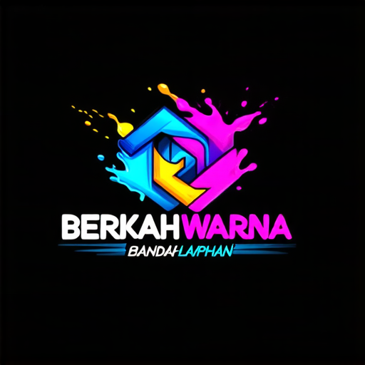 AI Design for A futuristic logo for a paint shop called 'Berkah Warna' located in Bandar Lampahan. Design with striking neon colors, glossy effects, and abstract geometric shapes that imply speed and modernity. Add visual elements that suggest the painting process such as paint sprays or splashes."