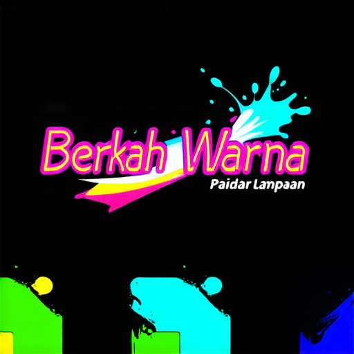 AI Design for A futuristic logo for a paint shop called 'Berkah Warna' located in Bandar Lampahan. Design with striking neon colors, glossy effects, and abstract geometric shapes that imply speed and modernity. Add visual elements that suggest the painting process such as paint sprays or splashes."
