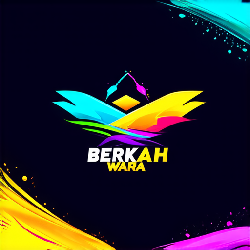 AI Design for A futuristic logo for a paint shop called 'Berkah Warna' located in Bandar Lampahan. Design with striking neon colors, glossy effects, and abstract geometric shapes that imply speed and modernity. Add visual elements that suggest the painting process such as paint sprays or splashes."