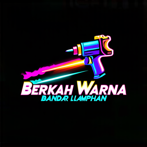 AI Design for "A vibrant and modern logo design for a car paint workshop named 'Berkah Warna,' located in Bandar Lampahan. The logo features a dynamic spray paint gun emitting colorful neon spray patterns, creating a glowing effect. The text 'Berkah Warna' is prominently displayed in a sleek, futuristic font with neon-style colors, and the address 'Bandar Lampahan' is elegantly integrated below in smaller text. The design is set against a dark background to emphasize the neon glow, with a polished and professional appearance suitable for branding."