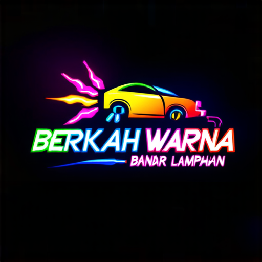 AI Design for "A vibrant and modern logo design for a car paint workshop named 'Berkah Warna,' located in Bandar Lampahan. The logo features a dynamic spray paint gun emitting colorful neon spray patterns, creating a glowing effect. The text 'Berkah Warna' is prominently displayed in a sleek, futuristic font with neon-style colors, and the address 'Bandar Lampahan' is elegantly integrated below in smaller text. The design is set against a dark background to emphasize the neon glow, with a polished and professional appearance suitable for branding."