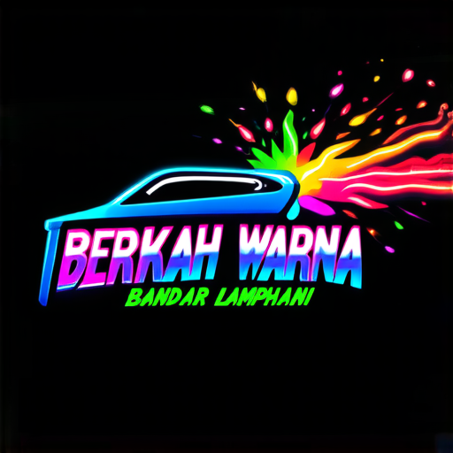 AI Design for "A vibrant and modern logo design for a car paint workshop named 'Berkah Warna,' located in Bandar Lampahan. The logo features a dynamic spray paint gun emitting colorful neon spray patterns, creating a glowing effect. The text 'Berkah Warna' is prominently displayed in a sleek, futuristic font with neon-style colors, and the address 'Bandar Lampahan' is elegantly integrated below in smaller text. The design is set against a dark background to emphasize the neon glow, with a polished and professional appearance suitable for branding."