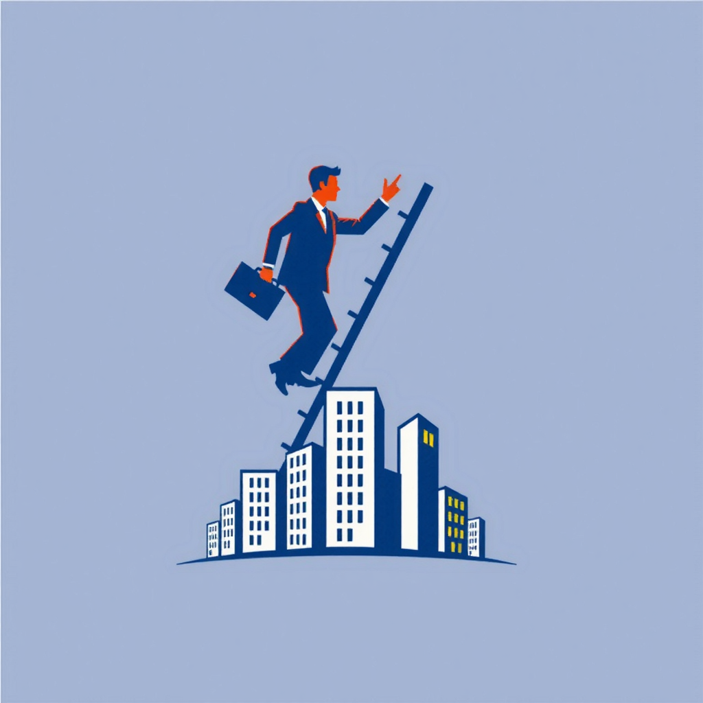 AI Design for a businessman hand with bag upstairs using ladder and bottom of logo baseline covered by buildings