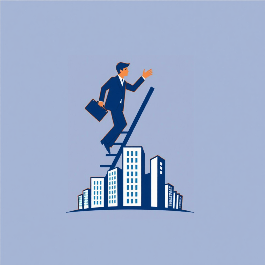 AI Design for a businessman hand with bag upstairs using ladder and bottom of logo baseline covered by buildings