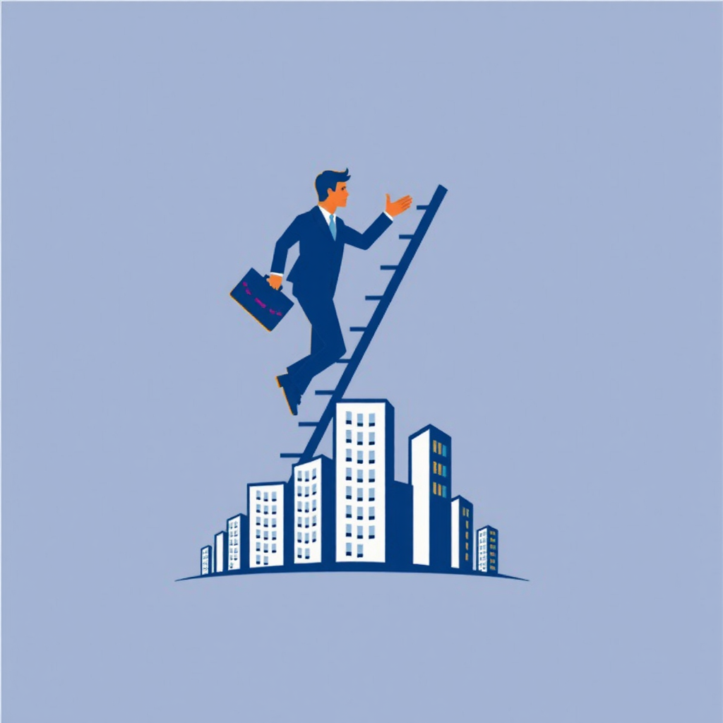 AI Design for a businessman hand with bag upstairs using ladder and bottom of logo baseline covered by buildings