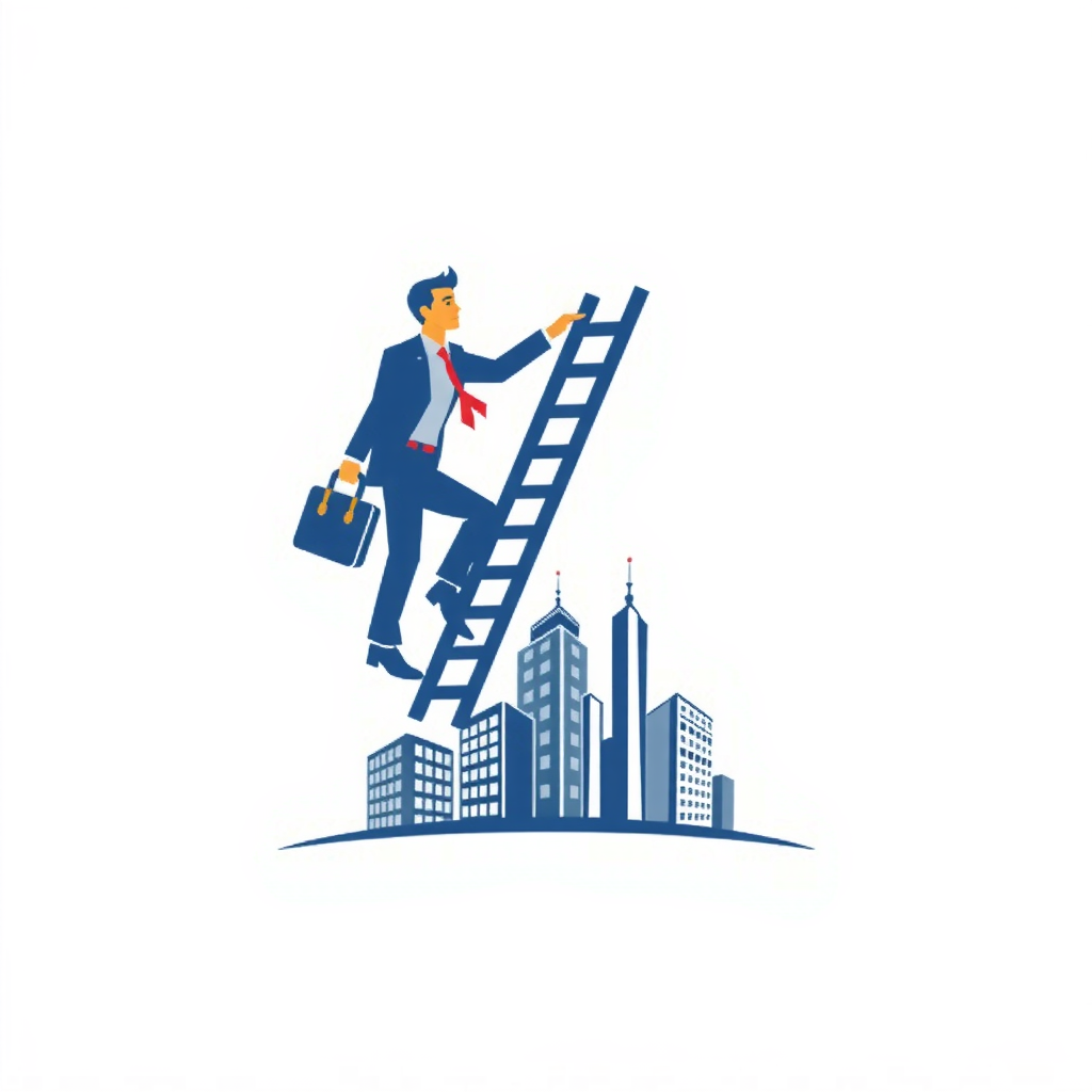 AI Design for a businessman hand with bag upstairs using ladder and bottom of logo baseline covered by buildings
