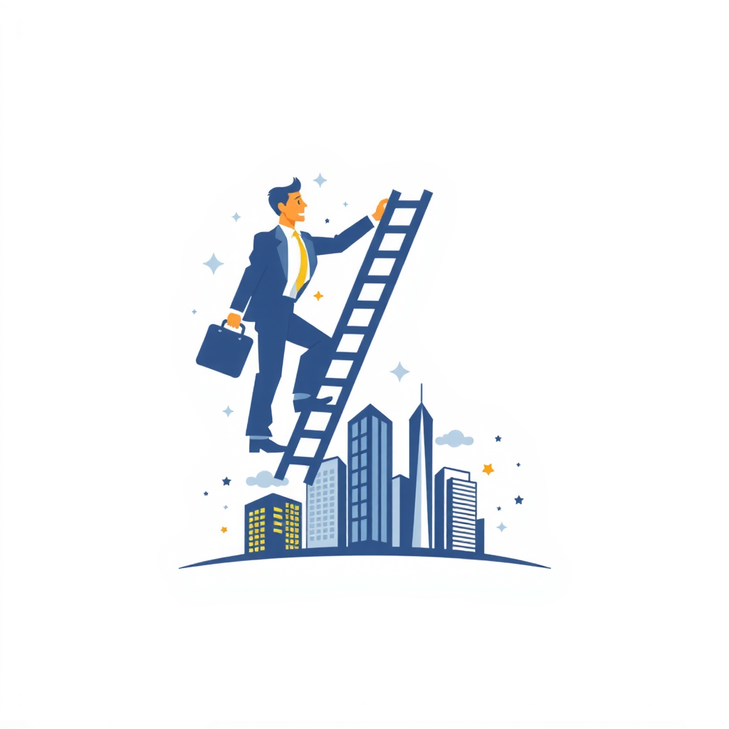 AI Design for a businessman hand with bag upstairs using ladder and bottom of logo baseline covered by buildings