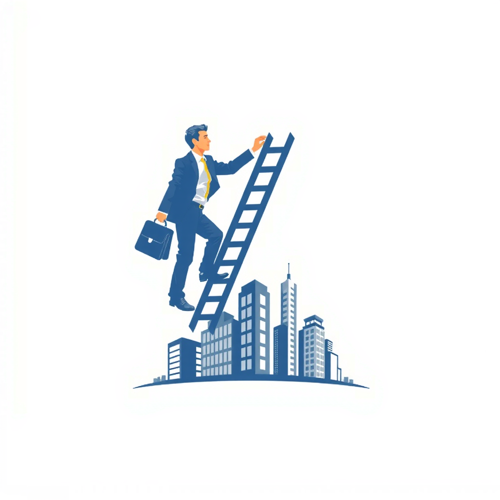 AI Design for a businessman hand with bag upstairs using ladder and bottom of logo baseline covered by buildings