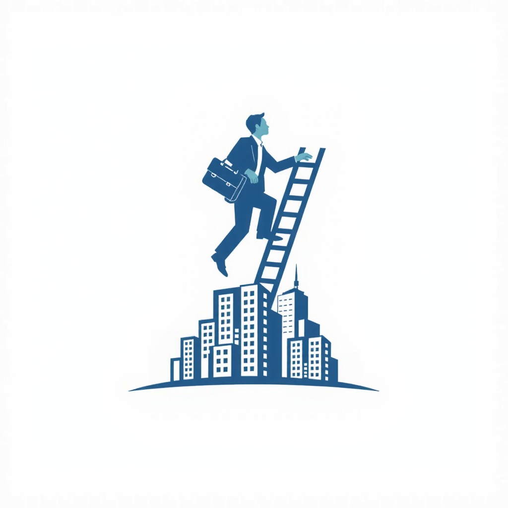 AI Design for a businessman hand with bag upstairs using ladder and bottom of logo baseline covered by buildings