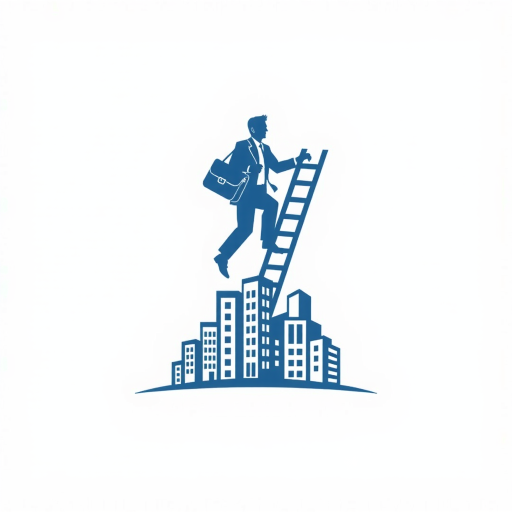 AI Design for a businessman hand with bag upstairs using ladder and bottom of logo baseline covered by buildings