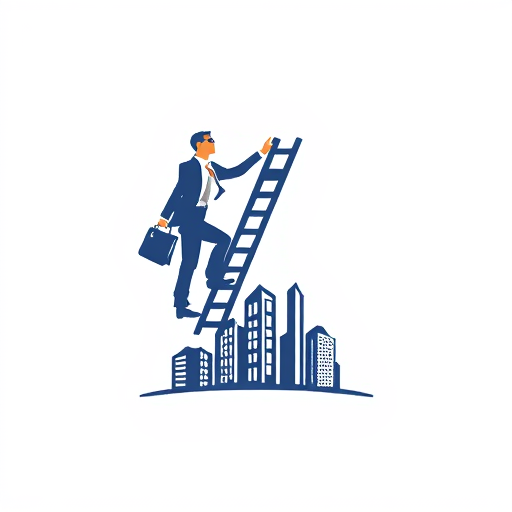 AI Design for a businessman hand with bag upstairs using ladder and bottom of logo baseline covered by buildings