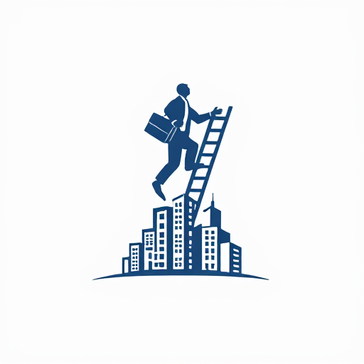 AI Design for a businessman hand with bag upstairs using ladder and bottom of logo baseline covered by buildings