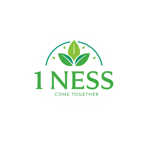 AI Design for need a green and blue colour logo for vegan product with some protection element and the name of the company is 1 NESS and with a tagline COME TOGETHER.