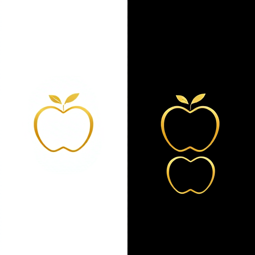 AI Design for "Design a minimalistic and luxurious golden apple logo for a high-end fitness and wellness brand. The apple should have a smooth, elegant outline in gold, symbolizing premium quality and wellness. Create two versions of the logo: one with a white background and golden apple outline for a 'total white' class (yoga, pilates, barre) and another with a black background and golden apple outline for a 'full black' class (functional and weight training). Add subtle, sophisticated details around the apple to suggest movement and energy, maintaining a clean, uncluttered look. Use a refined, modern sans-serif font beneath the apple for the brand name or mission, keeping it small and unobtrusive, in black for the white background and white for the black background. Ensure the overall design feels exclusive, inviting, and aligns with a luxurious fitness and wellness experience."
