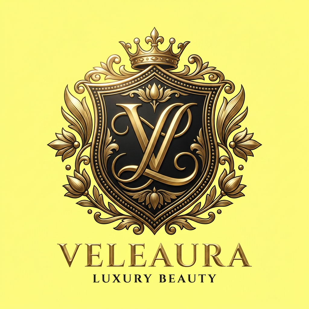 Create a royal emblem-style logo for a luxury beauty brand called “Veleaura.” The design should feel like a modern royal seal—rich, powerful, and prestigious. Feature a bold intertwined “V” and “L” monogram inside an ornate crest or shield, with fine gold detailing such as filigree, subtle crown elements, or symmetrical flourishes. Use a black and rich gold palette, with polished metallic highlights and engraved textures to create depth. The logo should feel authoritative yet feminine, combining strength with elegance. Typography should be a classic serif with a regal presence and slightly spaced lettering. Style references include royal insignia, luxury perfume houses, and premium packaging. Keep it highly detailed, symmetrical, with dramatic lighting and a premium, iconic finish.