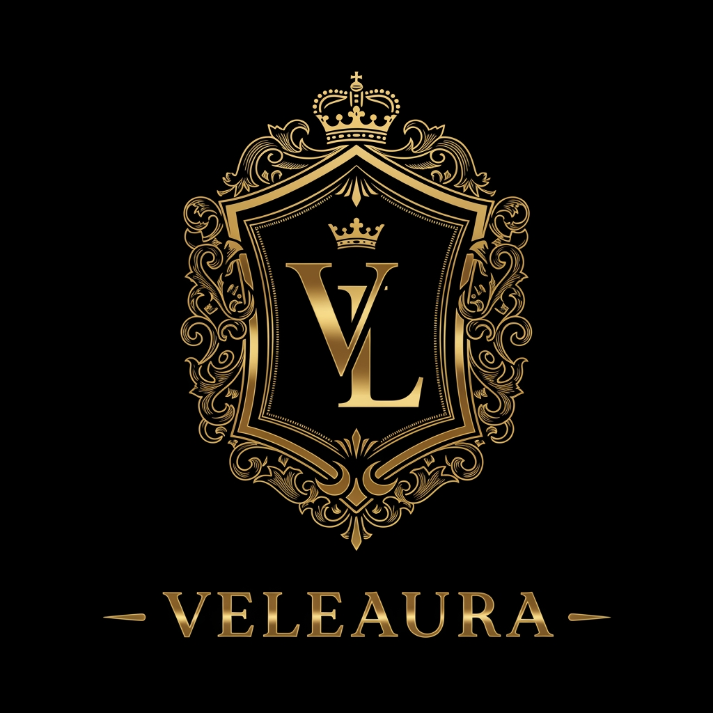 Create a royal emblem-style logo for a luxury beauty brand called “Veleaura.” The design should feel like a modern royal seal—rich, powerful, and prestigious. Feature a bold intertwined “V” and “L” monogram inside an ornate crest or shield, with fine gold detailing such as filigree, subtle crown elements, or symmetrical flourishes. Use a black and rich gold palette, with polished metallic highlights and engraved textures to create depth. The logo should feel authoritative yet feminine, combining strength with elegance. Typography should be a classic serif with a regal presence and slightly spaced lettering. Style references include royal insignia, luxury perfume houses, and premium packaging. Keep it highly detailed, symmetrical, with dramatic lighting and a premium, iconic finish.