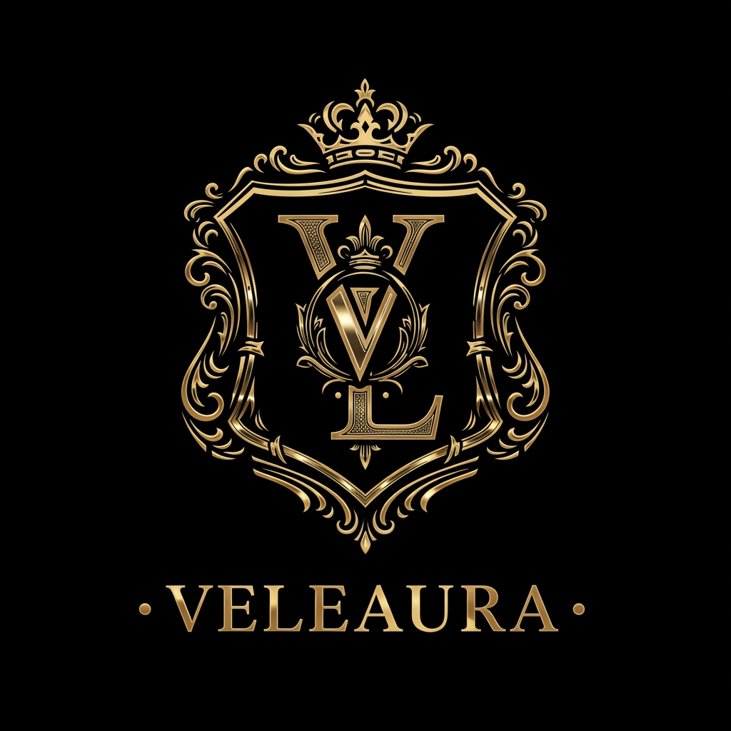 Create a royal emblem-style logo for a luxury beauty brand called “Veleaura.” The design should feel like a modern royal seal—rich, powerful, and prestigious. Feature a bold intertwined “V” and “L” monogram inside an ornate crest or shield, with fine gold detailing such as filigree, subtle crown elements, or symmetrical flourishes. Use a black and rich gold palette, with polished metallic highlights and engraved textures to create depth. The logo should feel authoritative yet feminine, combining strength with elegance. Typography should be a classic serif with a regal presence and slightly spaced lettering. Style references include royal insignia, luxury perfume houses, and premium packaging. Keep it highly detailed, symmetrical, with dramatic lighting and a premium, iconic finish.