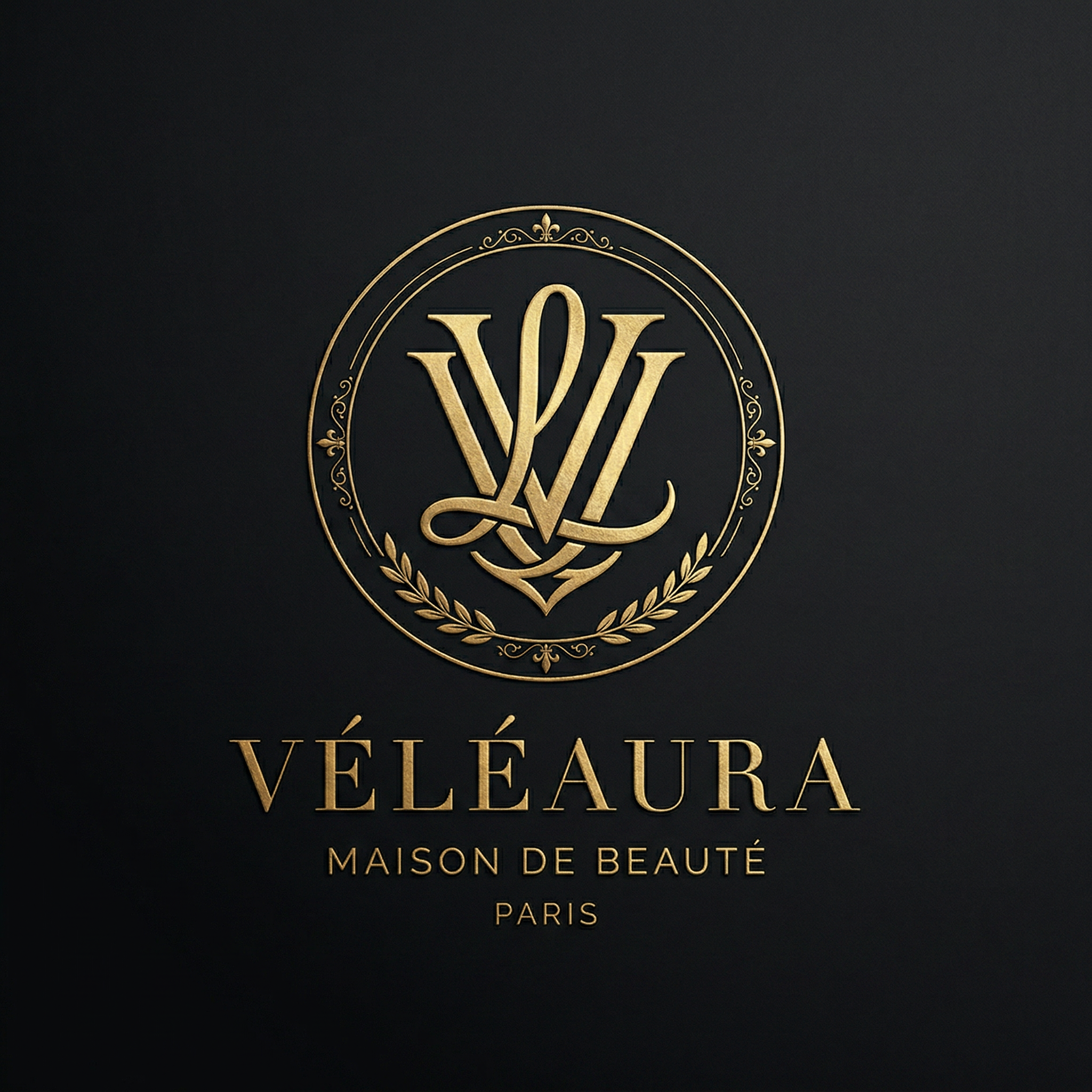 Design an ultra-luxurious logo for a premium beauty brand named “Veleaura.” The logo should feel like a heritage fashion house—timeless, elegant, and instantly iconic. Create a refined emblem with an intertwined “V” and “L” monogram, crafted with perfect symmetry and precision. The monogram should feel balanced, minimal, yet powerful, like a signature mark of a global luxury brand. Incorporate a subtle crest or circular seal, with delicate ornamental detailing that enhances—not overwhelms—the design. Use a deep matte black background with metallic gold accents, featuring soft gold foil texture, subtle shine, and embossed finish. Typography should be high-end serif (Didot/Bodoni style), thin yet bold, with generous spacing for a premium feel. Style references include Parisian haute couture, luxury skincare, and runway branding. Keep it minimal, clean, extremely refined, high contrast, centered composition, vector style, and ultra-detailed.