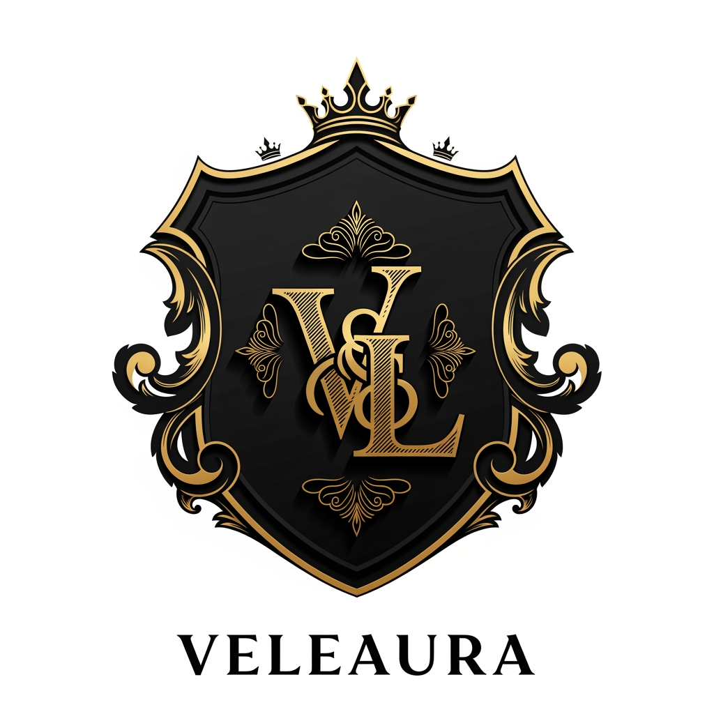 Create a royal emblem-style logo for a luxury beauty brand called “Veleaura.” The design should feel like a modern royal seal—rich, powerful, and prestigious. Feature a bold intertwined “V” and “L” monogram inside an ornate crest or shield, with fine gold detailing such as filigree, subtle crown elements, or symmetrical flourishes. Use a black and rich gold palette, with polished metallic highlights and engraved textures to create depth. The logo should feel authoritative yet feminine, combining strength with elegance. Typography should be a classic serif with a regal presence and slightly spaced lettering. Style references include royal insignia, luxury perfume houses, and premium packaging. Keep it highly detailed, symmetrical, with dramatic lighting and a premium, iconic finish.