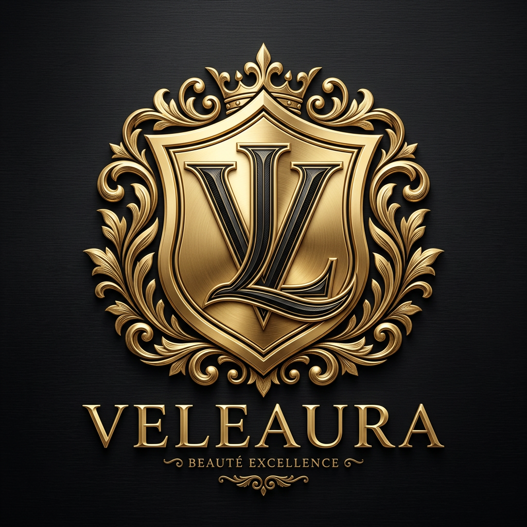 Create a royal emblem-style logo for a luxury beauty brand called “Veleaura.” The design should feel like a modern royal seal—rich, powerful, and prestigious. Feature a bold intertwined “V” and “L” monogram inside an ornate crest or shield, with fine gold detailing such as filigree, subtle crown elements, or symmetrical flourishes. Use a black and rich gold palette, with polished metallic highlights and engraved textures to create depth. The logo should feel authoritative yet feminine, combining strength with elegance. Typography should be a classic serif with a regal presence and slightly spaced lettering. Style references include royal insignia, luxury perfume houses, and premium packaging. Keep it highly detailed, symmetrical, with dramatic lighting and a premium, iconic finish.