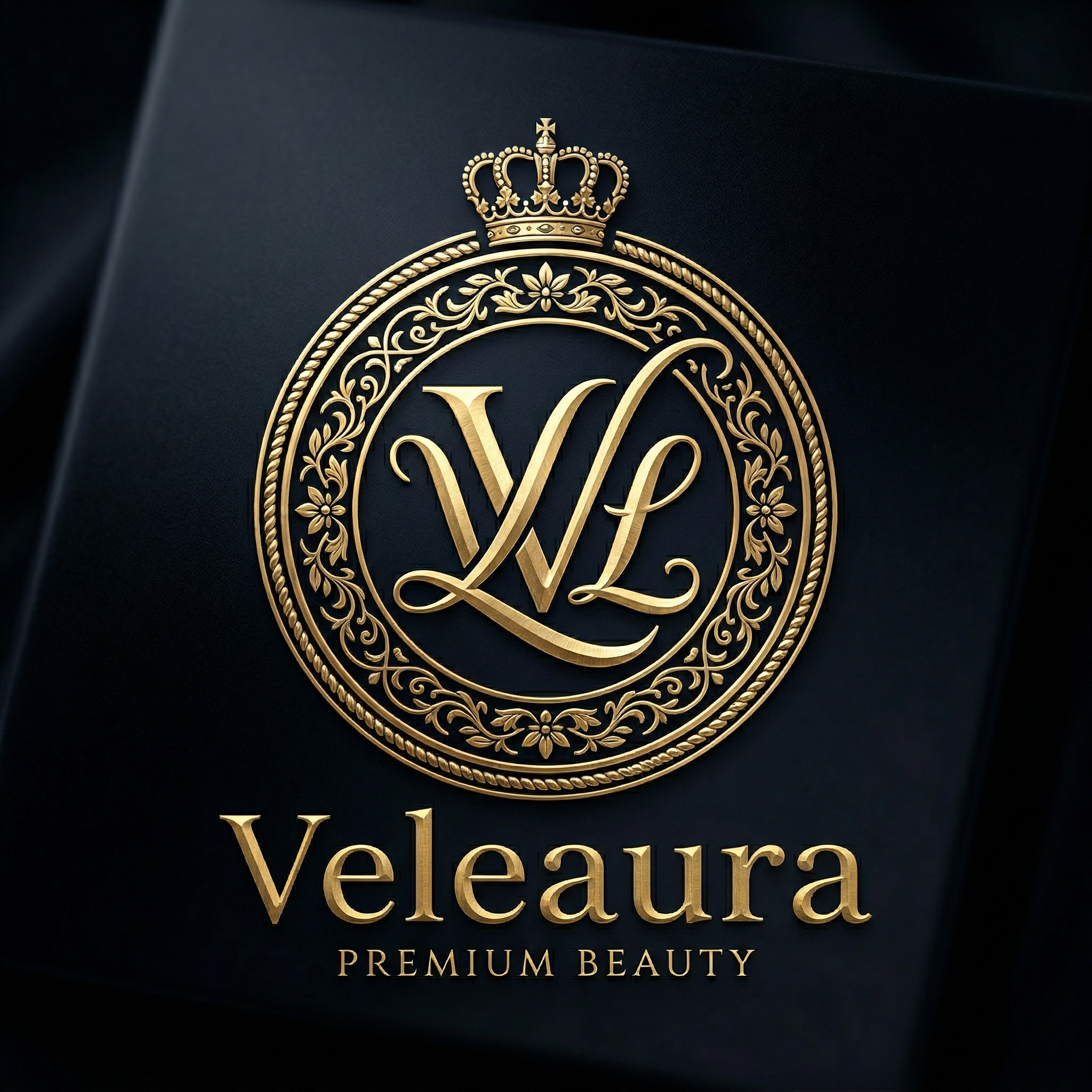 Design a luxurious emblem-style logo for a premium beauty brand named Veleaura. The logo should feel elegant, royal, and timeless, with a strong high-end aesthetic that immediately stands out.

Incorporate a refined monogram using the letters V and L, creatively intertwined or symmetrically balanced within the emblem. The emblem should have a regal structure—think crests, seals, or royal insignia—with delicate yet bold detailing.

Use a sophisticated color palette of deep black and rich metallic gold. The gold should appear luminous and premium (not flat), contrasting beautifully against the dark background.

Typography should be sleek, serif or high-fashion style—clean, sharp, and elegant. The overall composition must feel balanced, minimal yet detailed, and suitable for luxury packaging, cosmetics branding, and high-end identity.

Avoid clutter. Focus on precision, symmetry, and a premium finish. The final logo should evoke exclusivity, beauty, and power.