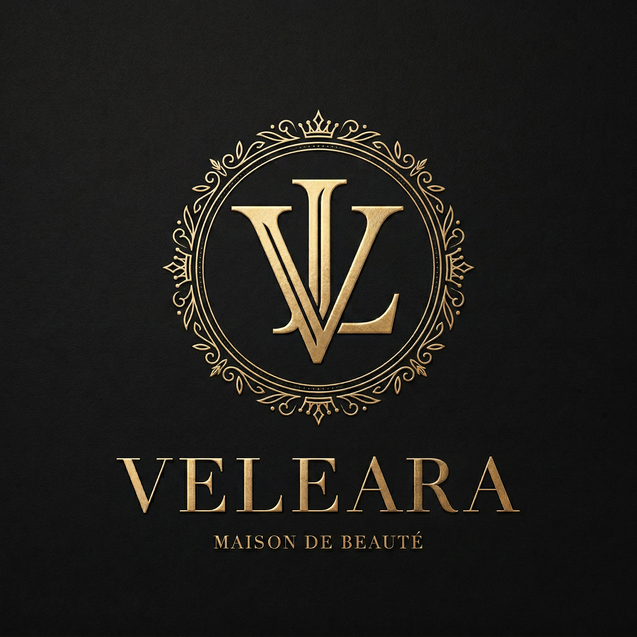 Design an ultra-luxurious logo for a premium beauty brand named “Veleaura.” The logo should feel like a heritage fashion house—timeless, elegant, and instantly iconic. Create a refined emblem with an intertwined “V” and “L” monogram, crafted with perfect symmetry and precision. The monogram should feel balanced, minimal, yet powerful, like a signature mark of a global luxury brand. Incorporate a subtle crest or circular seal, with delicate ornamental detailing that enhances—not overwhelms—the design. Use a deep matte black background with metallic gold accents, featuring soft gold foil texture, subtle shine, and embossed finish. Typography should be high-end serif (Didot/Bodoni style), thin yet bold, with generous spacing for a premium feel. Style references include Parisian haute couture, luxury skincare, and runway branding. Keep it minimal, clean, extremely refined, high contrast, centered composition, vector style, and ultra-detailed.