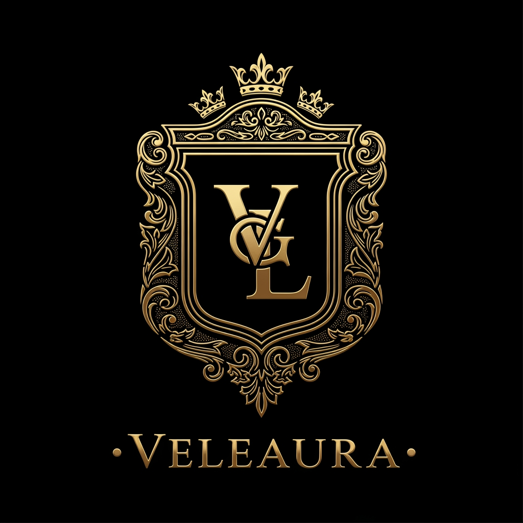 Create a royal emblem-style logo for a luxury beauty brand called “Veleaura.” The design should feel like a modern royal seal—rich, powerful, and prestigious. Feature a bold intertwined “V” and “L” monogram inside an ornate crest or shield, with fine gold detailing such as filigree, subtle crown elements, or symmetrical flourishes. Use a black and rich gold palette, with polished metallic highlights and engraved textures to create depth. The logo should feel authoritative yet feminine, combining strength with elegance. Typography should be a classic serif with a regal presence and slightly spaced lettering. Style references include royal insignia, luxury perfume houses, and premium packaging. Keep it highly detailed, symmetrical, with dramatic lighting and a premium, iconic finish.