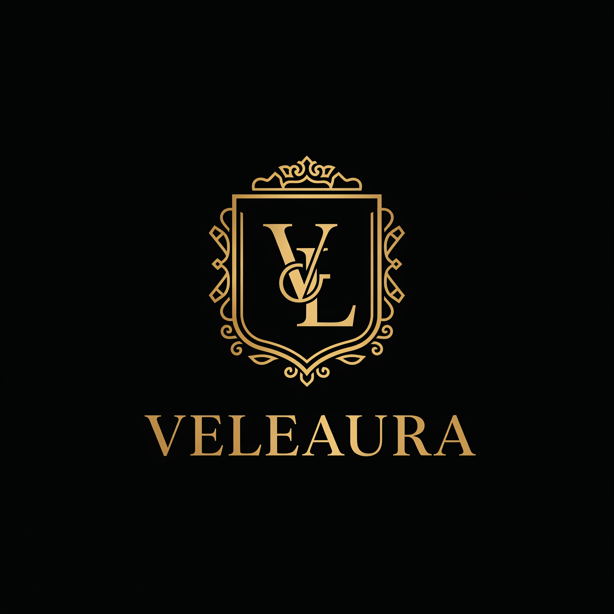 Design a luxurious emblem-style logo for a premium beauty brand named Veleaura. The logo should feel elegant, royal, and timeless, with a strong high-end aesthetic that immediately stands out.
Incorporate a refined monogram using the letters V and L, creatively intertwined or symmetrically balanced within the emblem. The emblem should have a regal structure—think crests, seals, or royal insignia—with delicate yet bold detailing.
Use a sophisticated color palette of deep black and rich metallic gold. The gold should appear luminous and premium (not flat), contrasting beautifully against the dark background.
Typography should be sleek, serif or high-fashion style—clean, sharp, and elegant. The overall composition must feel balanced, minimal yet detailed, and suitable for luxury packaging, cosmetics branding, and high-end identity.
Avoid clutter. Focus on precision, symmetry, and a premium finish. The final logo should evoke exclusivity, beauty, and power.