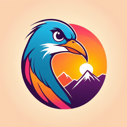 AI Design for bird logo, looking sideway and up, face only, add sparks, colorful, add mountains in the background, sunset