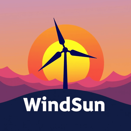 AI Design for concept logo of a windmill. colorful sunset theme. with the text 'WindSun'