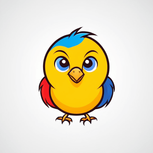 AI Design for bird logo, looking sideway and up, face only, add sparks, smile, colorful