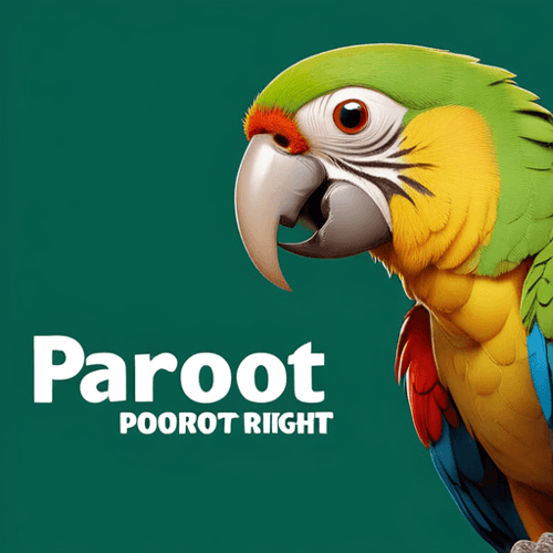 AI Design for parrot looking up right, close up , text PaRoot