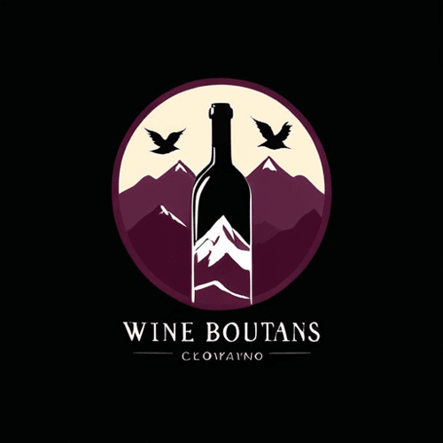 AI Design for wine bottle logo, with mountains in the background and birds
