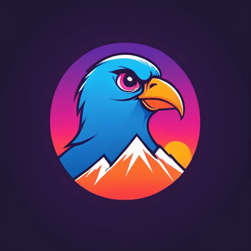 AI Design for bird logo, looking sideway and up, face only, add sparks, colorful, add mountains in the background, sunset