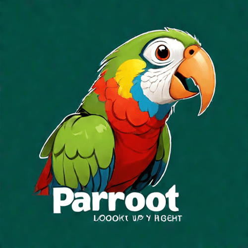 AI Design for parrot looking up right, close up , text PaRoot