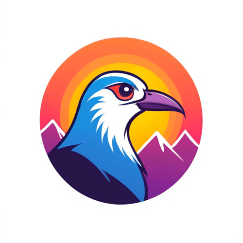 AI Design for bird logo, looking sideway and up, face only, add sparks, colorful, add mountains in the background, sunset