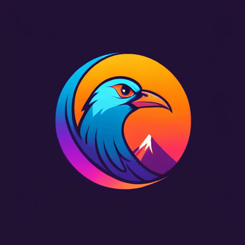AI Design for bird logo, looking sideway and up, face only, add sparks, colorful, add mountains in the background, sunset