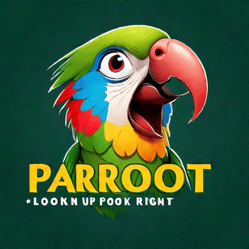 AI Design for parrot looking up right, close up , text PaRoot