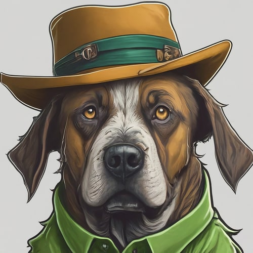 AI Design for Professional logo design. dog with a hat, wearing a green shirt