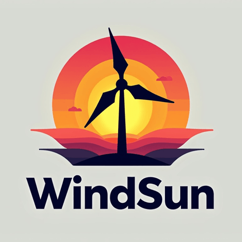 AI Design for concept logo of a windmill. colorful sunset theme. with the text 'WindSun'
