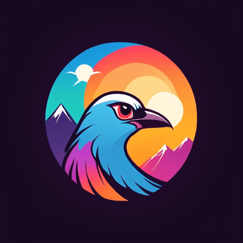 AI Design for bird logo, looking sideway and up, face only, add sparks, colorful, add mountains in the background, sunset