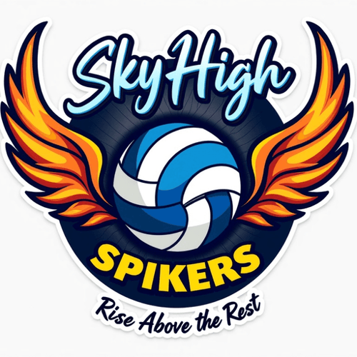AI Design for In the vibrant world of sports branding, create an eye-catching logo design for a dynamic volleyball team known as the "Sky High Spikers." The logo should feature a powerful volleyball, prominently rendered in bright shades of electric blue and bold white, symbolizing energy and enthusiasm. Surrounding the ball, incorporate stylized wings that evoke a sense of soaring motion and agility, colored in a gradient of fiery orange and soft yellow, representing the warm cheer and spirit of the team.Set against a circular backdrop, the logo should be framed by an abstract depiction of a volleyball net, intricately woven in dark gray, providing a modern and sleek touch. The team's name, "Sky High Spikers," should be elegantly arched above the volleyball in a strong, contemporary font, reflecting confidence and determination, while the team’s slogan, "Rise Above the Rest," can be placed below in a smaller, playful script that adds a friendly vibe.Consider adding a subtle textured effect to the background, reminiscent of sandy volleyball courts, to enhance depth and evoke the atmosphere of competitive play. The overall emotional tone of the logo should convey excitement, teamwork, and a fierce competitive spirit, appealing to both players and supporters alike and making it memorable in the fast-paced world of sports.