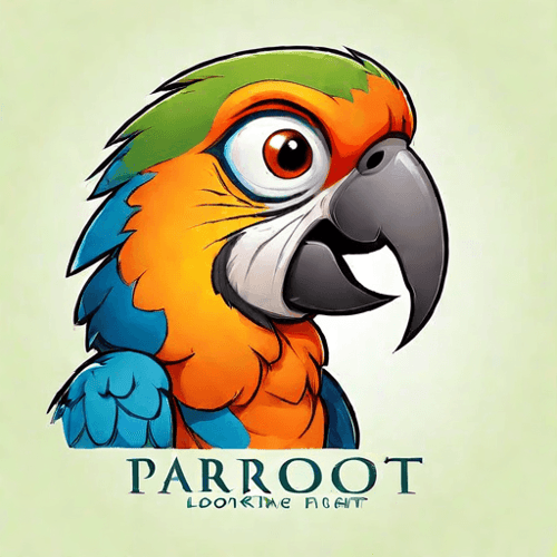 AI Design for parrot looking up right, close up , text PaRoot