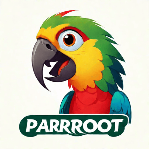 AI Design for parrot looking up right, close up , text PaRoot