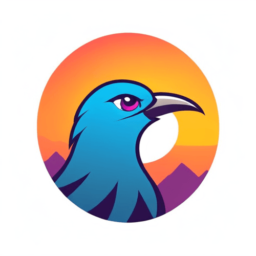 AI Design for bird logo, looking sideway and up, face only, add sparks, colorful, add mountains in the background, sunset