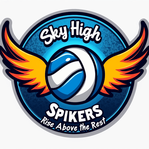 AI Design for In the vibrant world of sports branding, create an eye-catching logo design for a dynamic volleyball team known as the "Sky High Spikers." The logo should feature a powerful volleyball, prominently rendered in bright shades of electric blue and bold white, symbolizing energy and enthusiasm. Surrounding the ball, incorporate stylized wings that evoke a sense of soaring motion and agility, colored in a gradient of fiery orange and soft yellow, representing the warm cheer and spirit of the team.Set against a circular backdrop, the logo should be framed by an abstract depiction of a volleyball net, intricately woven in dark gray, providing a modern and sleek touch. The team's name, "Sky High Spikers," should be elegantly arched above the volleyball in a strong, contemporary font, reflecting confidence and determination, while the team’s slogan, "Rise Above the Rest," can be placed below in a smaller, playful script that adds a friendly vibe.Consider adding a subtle textured effect to the background, reminiscent of sandy volleyball courts, to enhance depth and evoke the atmosphere of competitive play. The overall emotional tone of the logo should convey excitement, teamwork, and a fierce competitive spirit, appealing to both players and supporters alike and making it memorable in the fast-paced world of sports.