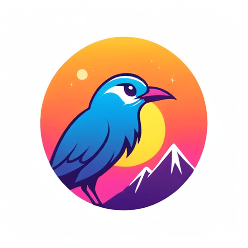 AI Design for bird logo, looking sideway and up, face only, add sparks, colorful, add mountains in the background, sunset