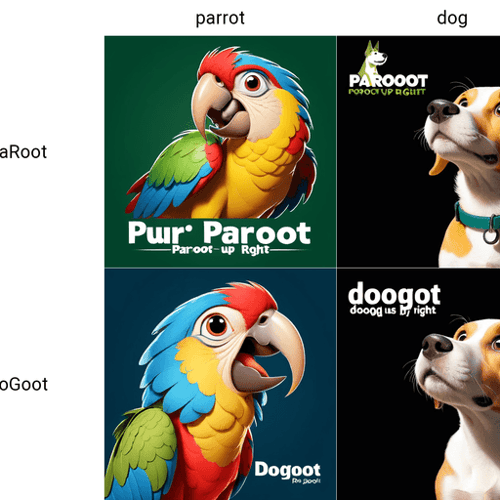 AI Design for parrot looking up right, close up , text PaRoot