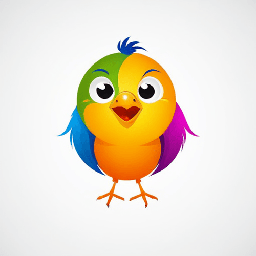 AI Design for bird logo, looking sideway and up, face only, add sparks, smile, colorful